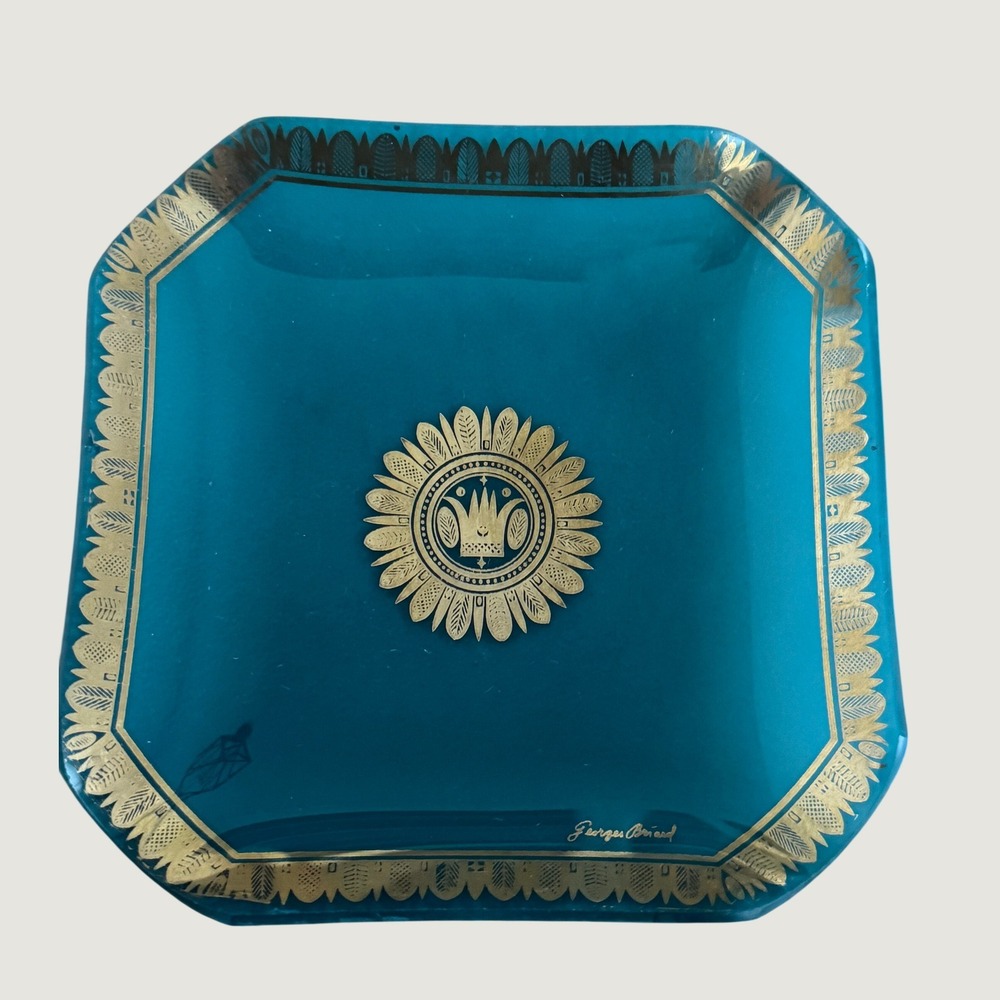 Georges Briard Vintage Teal Blue Glass Square Tray Gold Sunburst Crown MCM Dish